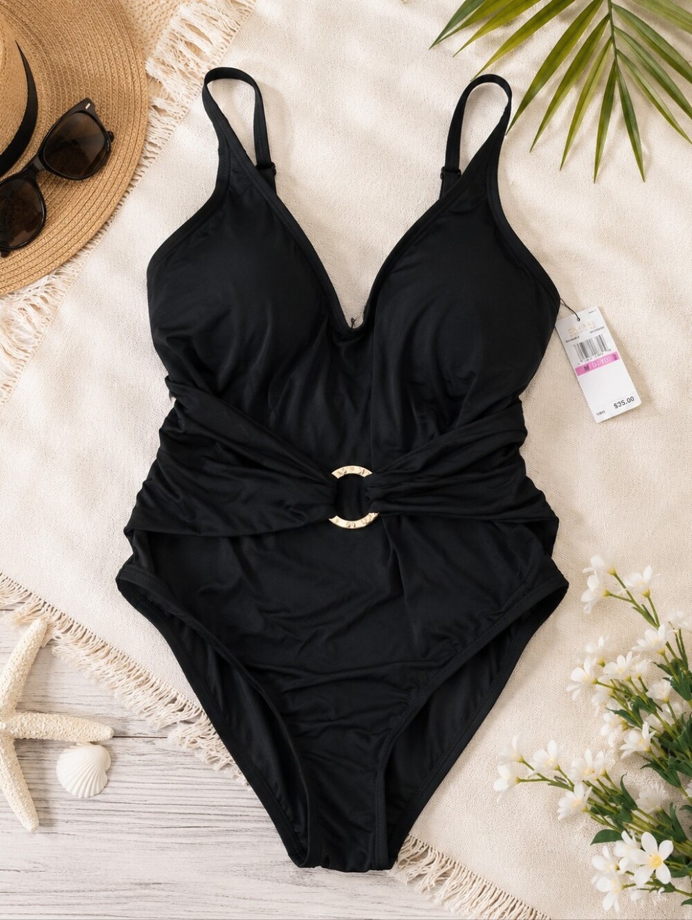Michael Kors Black One-Piece Swimsuit with Gold Ring Accent